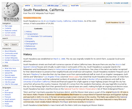 screenshot_wikitrust Exemple d'article avec coloration des contenus par WikiTrust