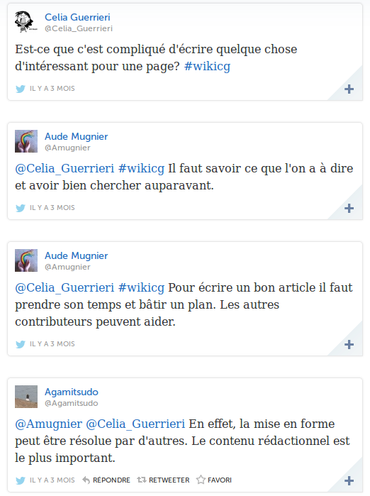 Extrait des échanges sur Twitter entre les élèves et des Wikipédiens