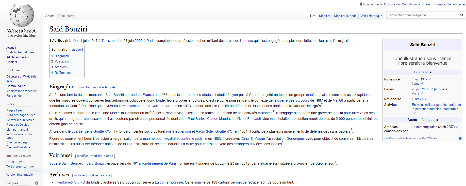 Capture article Wikipédia de Saïd Bouziri