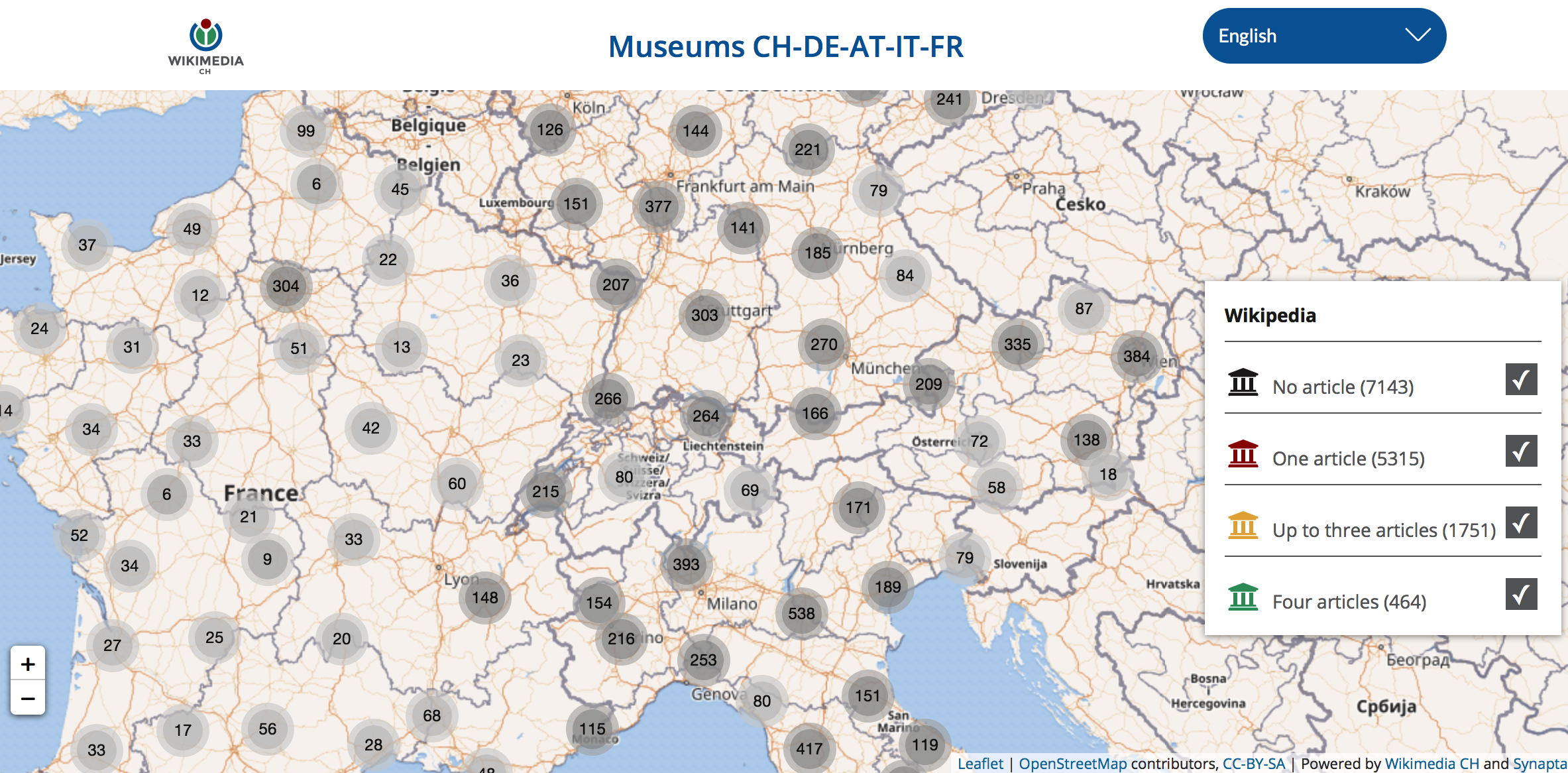 Carte interractive utilisée pour la JIM2020 indiquant la présence des musées situés en Autriche, en France, en Allemagne, en Italie ou en Suisse sur Wikipédia ou Wikidata.