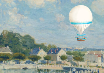 "Watering Place at Marley" by Alfred Sisley, 1875, CC0, Art Institute of Chicago, remixed with "TAROCH balloon" by Creative Commons/Dee Harris, 2025, CC0.