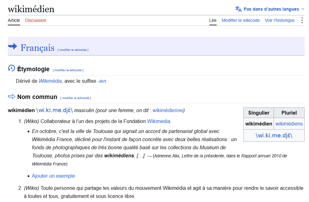 Définition de "wikimédien" mis à jour dans wiktionnaire en français